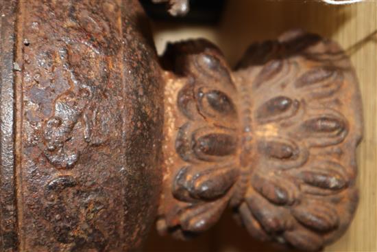 Two Chinese cast iron censers and a bust of Buddha, tallest 24cm